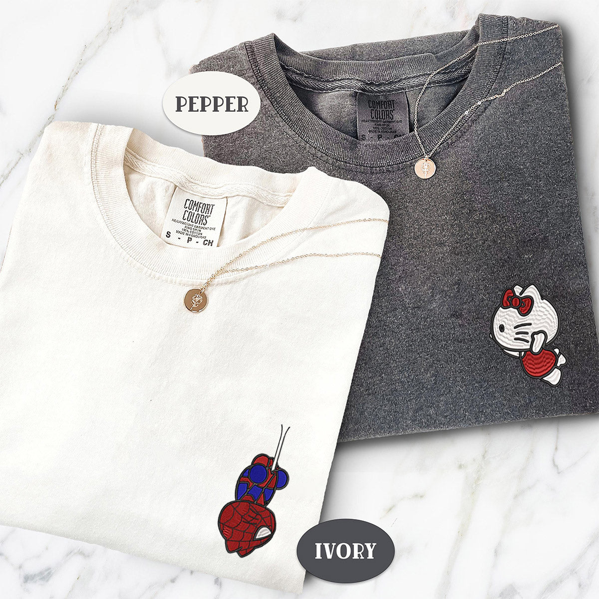 Custom Embroidered Cartoon Spider and Kitten V2 Matching T-shirts for Couples