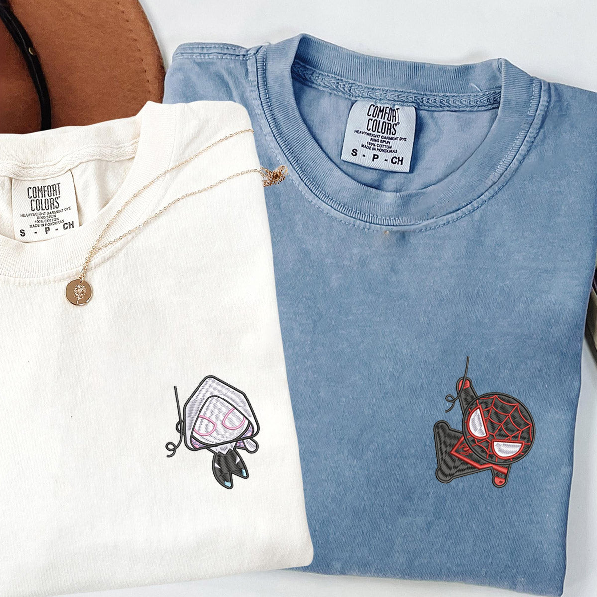 Custom Embroidered Cartoon Superheros Inspired Matching T-shirts for Couples