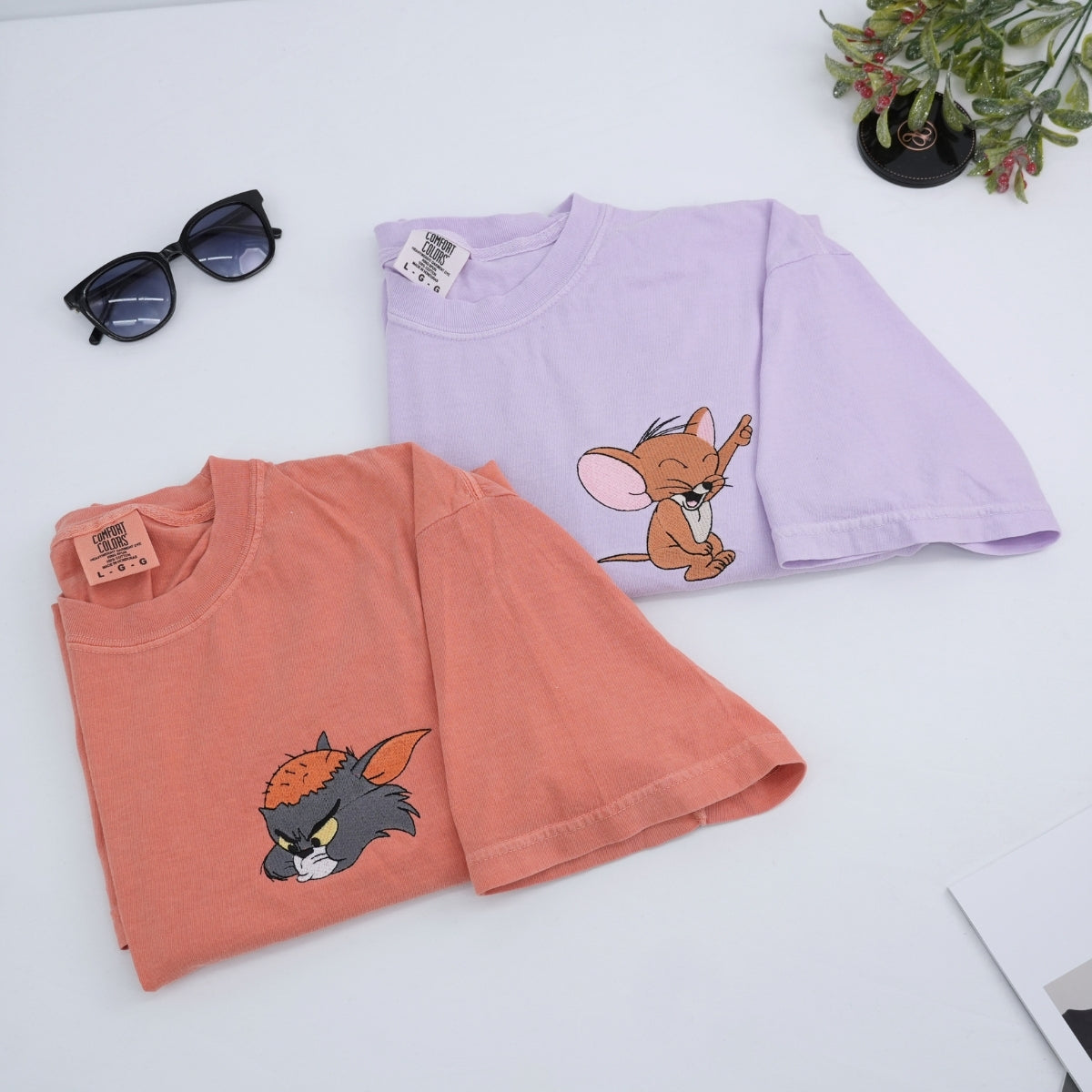 Custom Embroidered Cartoon Tom Cat Mouse Matching T-shirts for Couples