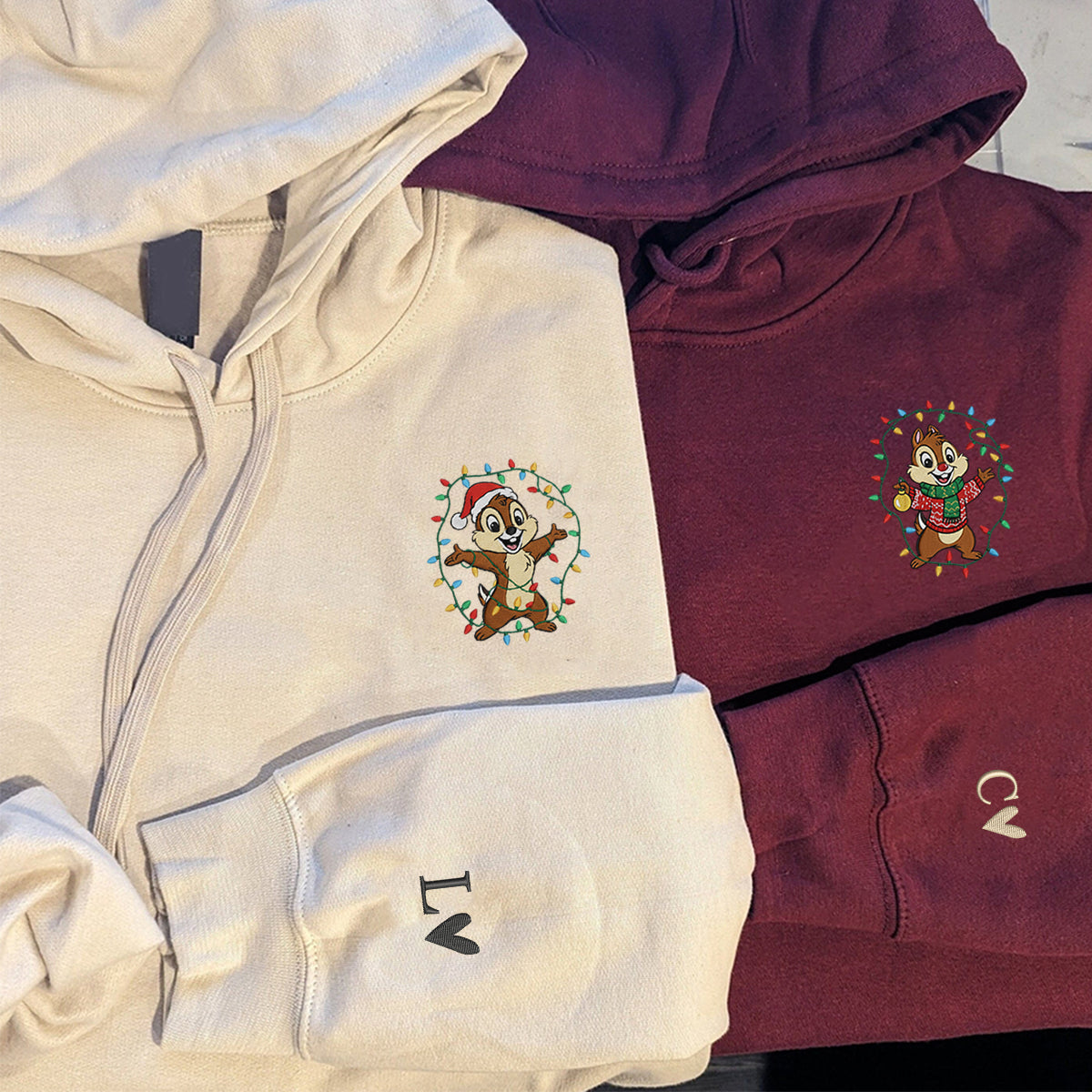 Custom Embroidered Cheerful Chipmunk Pair Christmas Hoodie, Cozy Xmas Lights Sweatshirt Matching for Couples