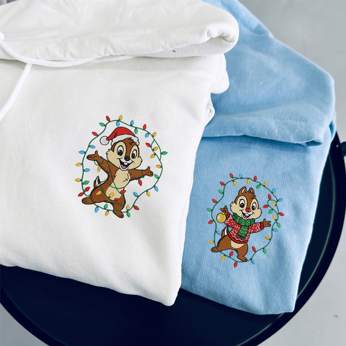 Custom Embroidered Cheerful Chipmunk Pair Christmas Hoodie, Cozy Xmas Lights Sweatshirt Matching for Couples