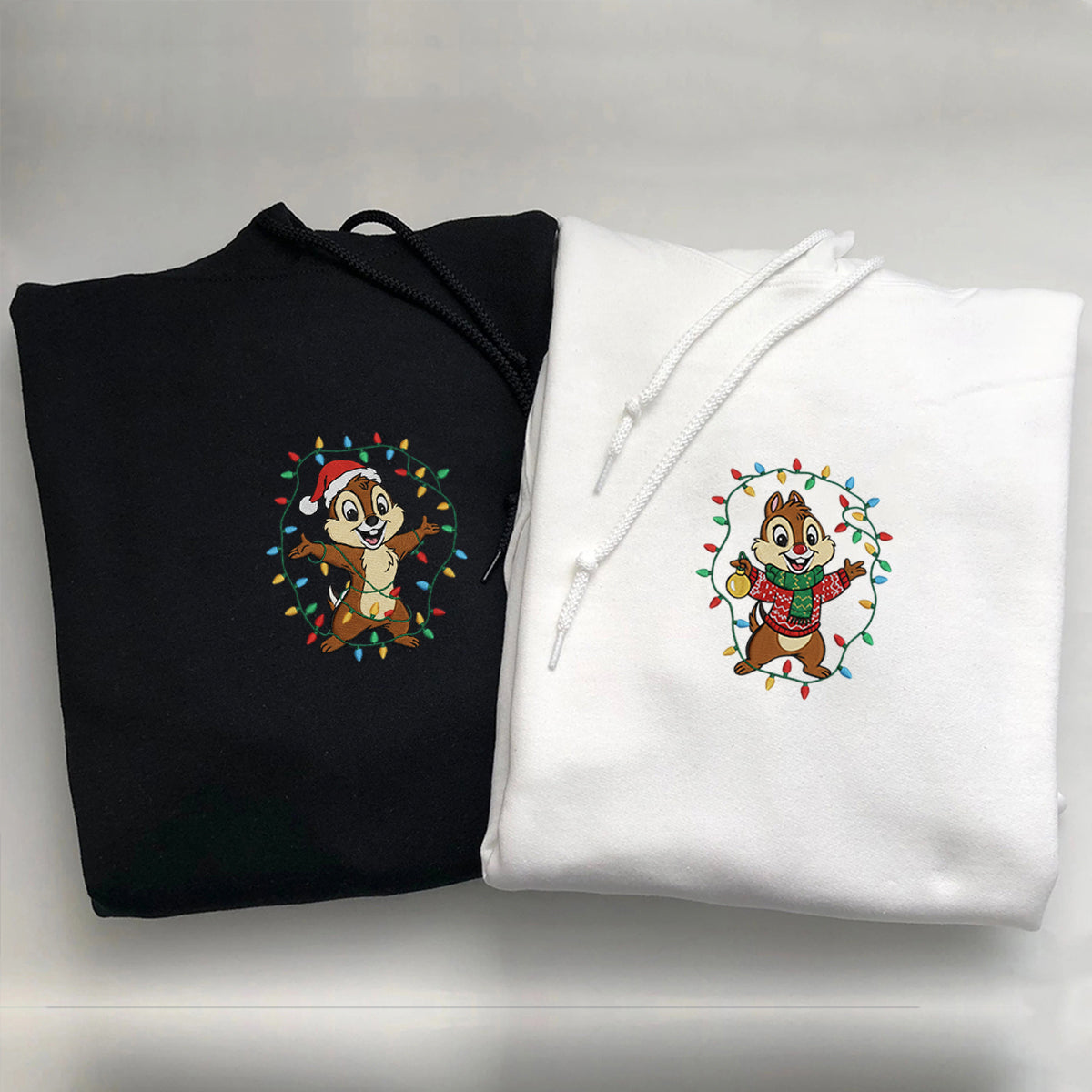 Custom Embroidered Cheerful Chipmunk Pair Christmas Hoodie, Cozy Xmas Lights Sweatshirt Matching for Couples