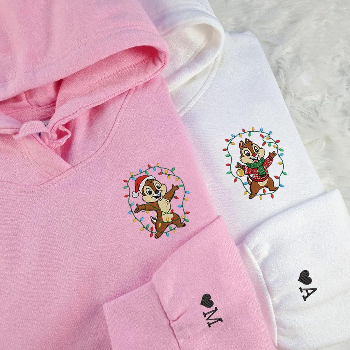 Custom Embroidered Cheerful Chipmunk Pair Christmas Hoodie, Cozy Xmas Lights Sweatshirt Matching for Couples