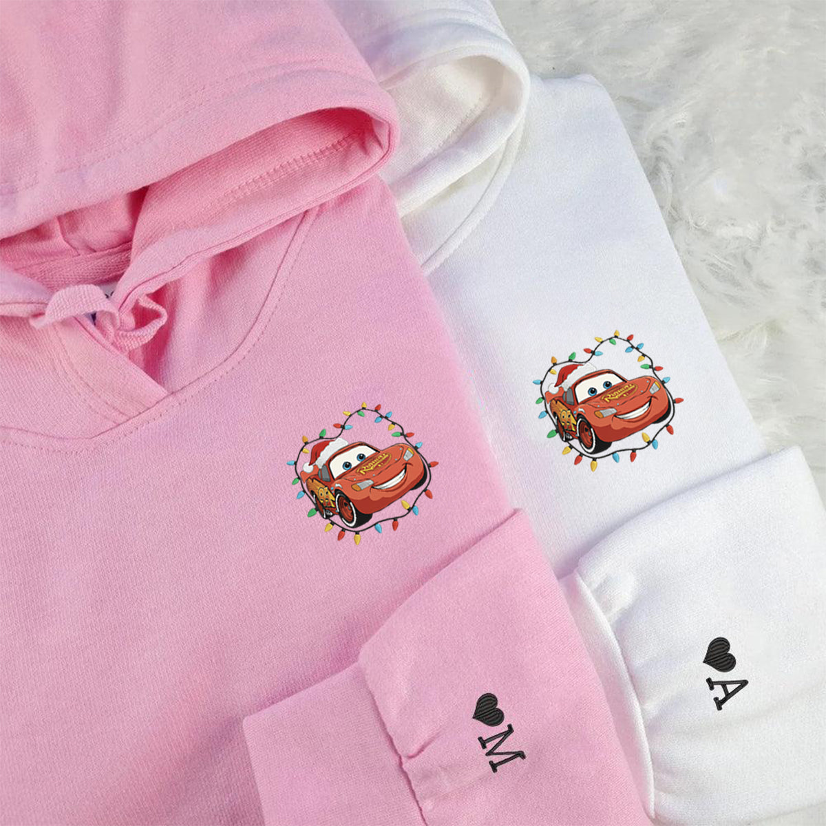 Custom Embroidered Cheerful Racing Car Christmas Lights Hoodie, Cozy Winter Style Sweatshirt Matching for Couples