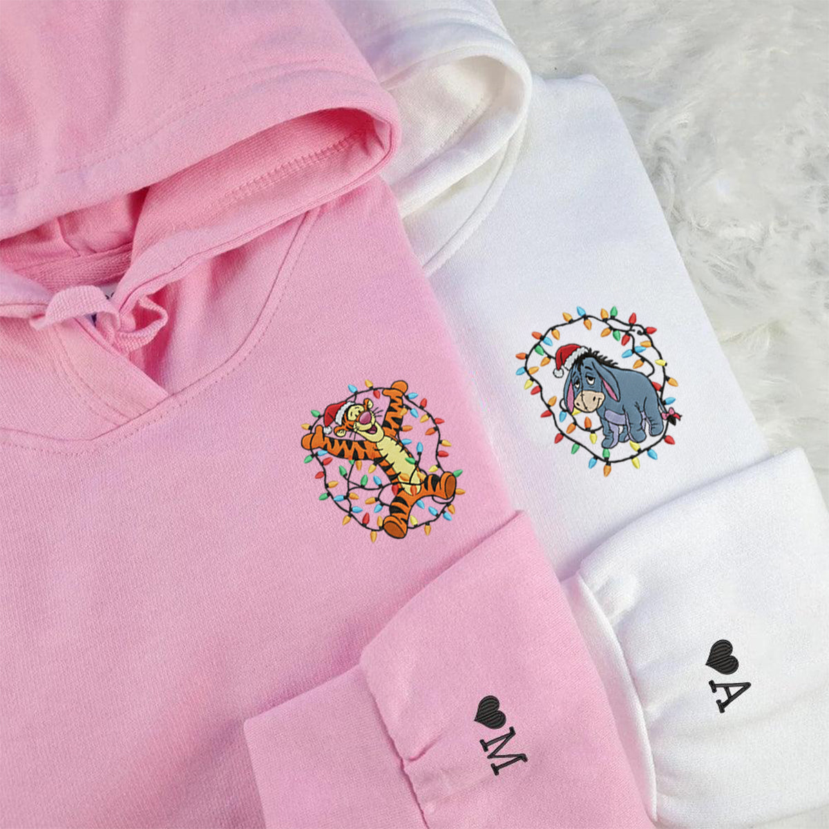 Custom Embroidered Cheerful Tiger and Blue Donkey Cartoon Holiday Hoodie, Cozy Winter Season Sweatshirt Matching for Couples