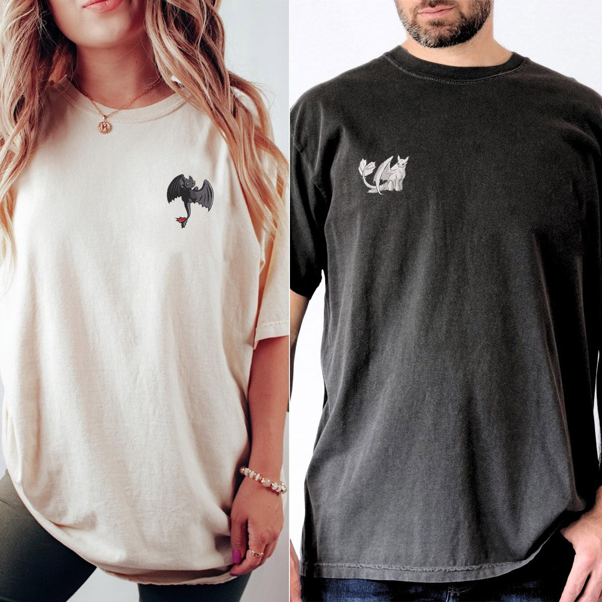 Custom Embroidered Coolest Dragon T-shirts for Couples