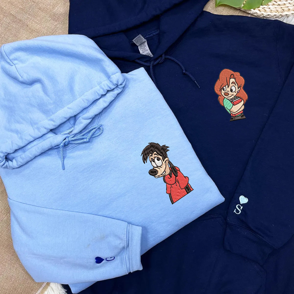 Custom Embroidered Couple Hoodies, Playful Cartoon Duo Inspired Matching Hoodie Outfit