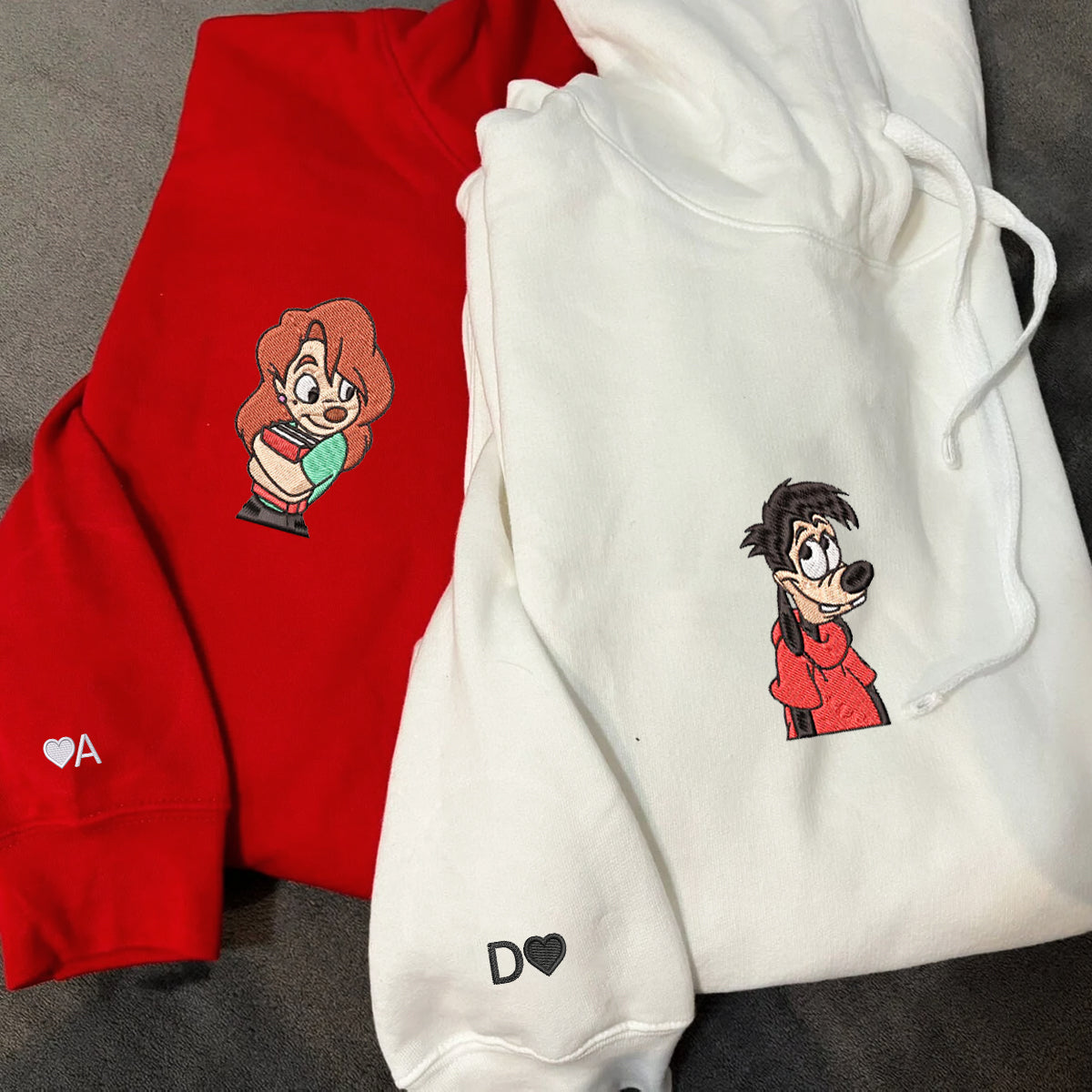 Custom Embroidered Couple Hoodies, Playful Cartoon Duo Inspired Matching Hoodie Outfit