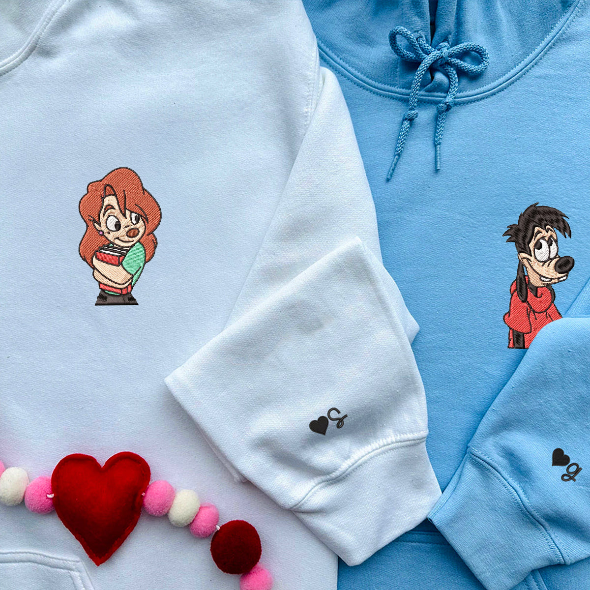 Custom Embroidered Couple Hoodies, Playful Cartoon Duo Inspired Matching Hoodie Outfit