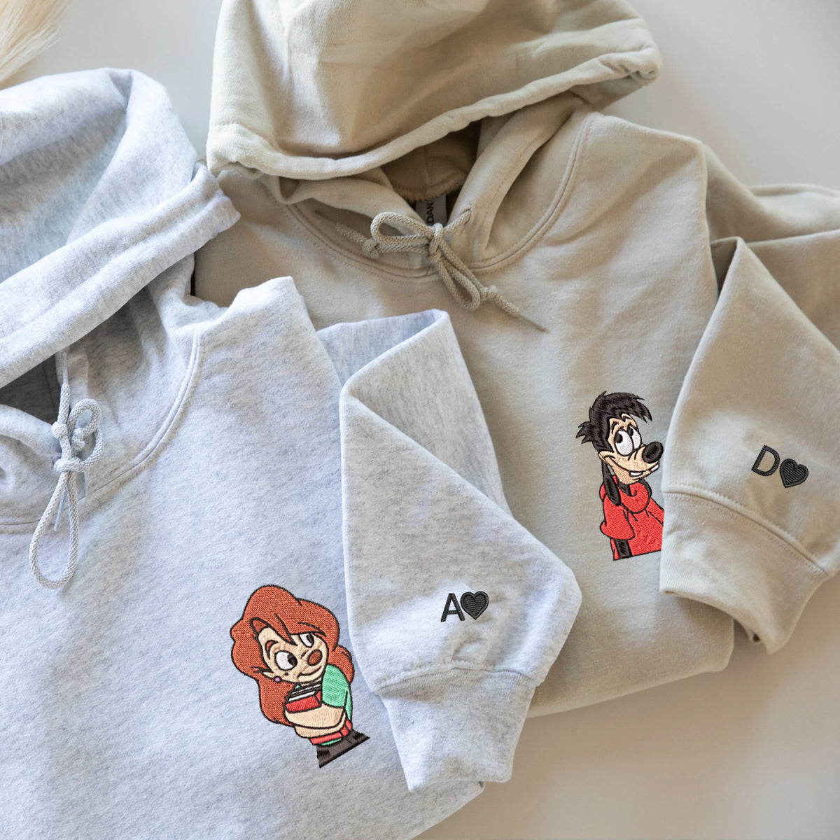 Custom Embroidered Couple Hoodies, Playful Cartoon Duo Inspired Matching Hoodie Outfit