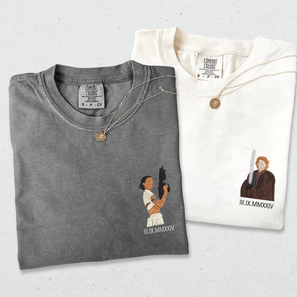 Custom Embroidered Couple T-shirts with Roman Numeral Anniversary Date