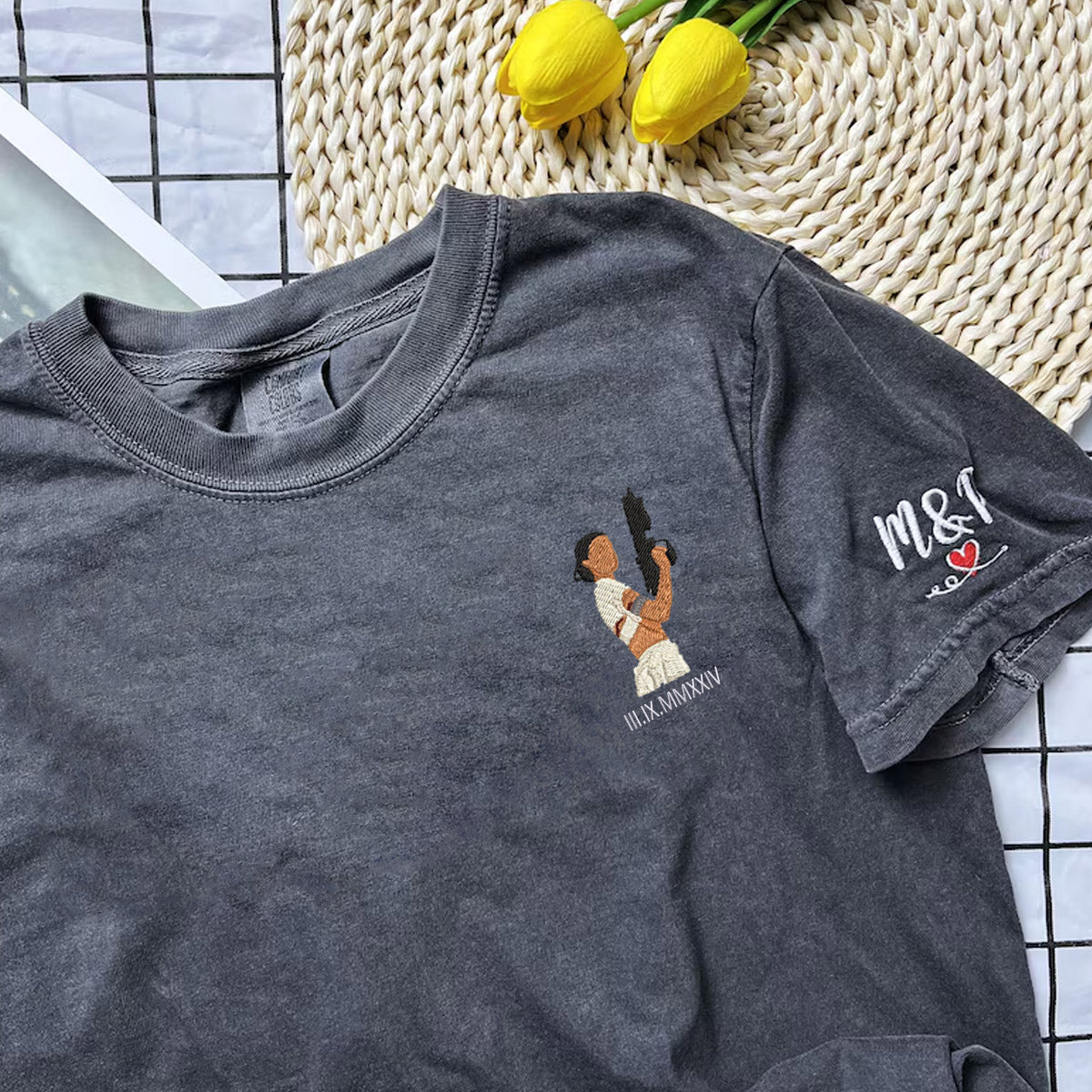 Custom Embroidered Couple T-shirts with Roman Numeral Anniversary Date