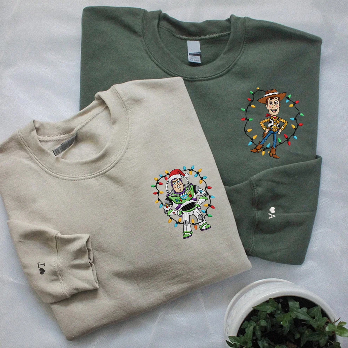 Custom Embroidered Cowboy Friend and Space Hero Cartoon Christmas Sweatshirt, Cozy Holiday Hoodie Matching for Couples