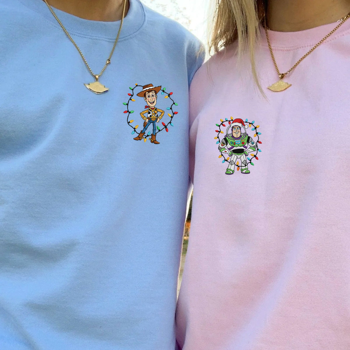 Custom Embroidered Cowboy Friend and Space Hero Cartoon Christmas Sweatshirt, Cozy Holiday Hoodie Matching for Couples