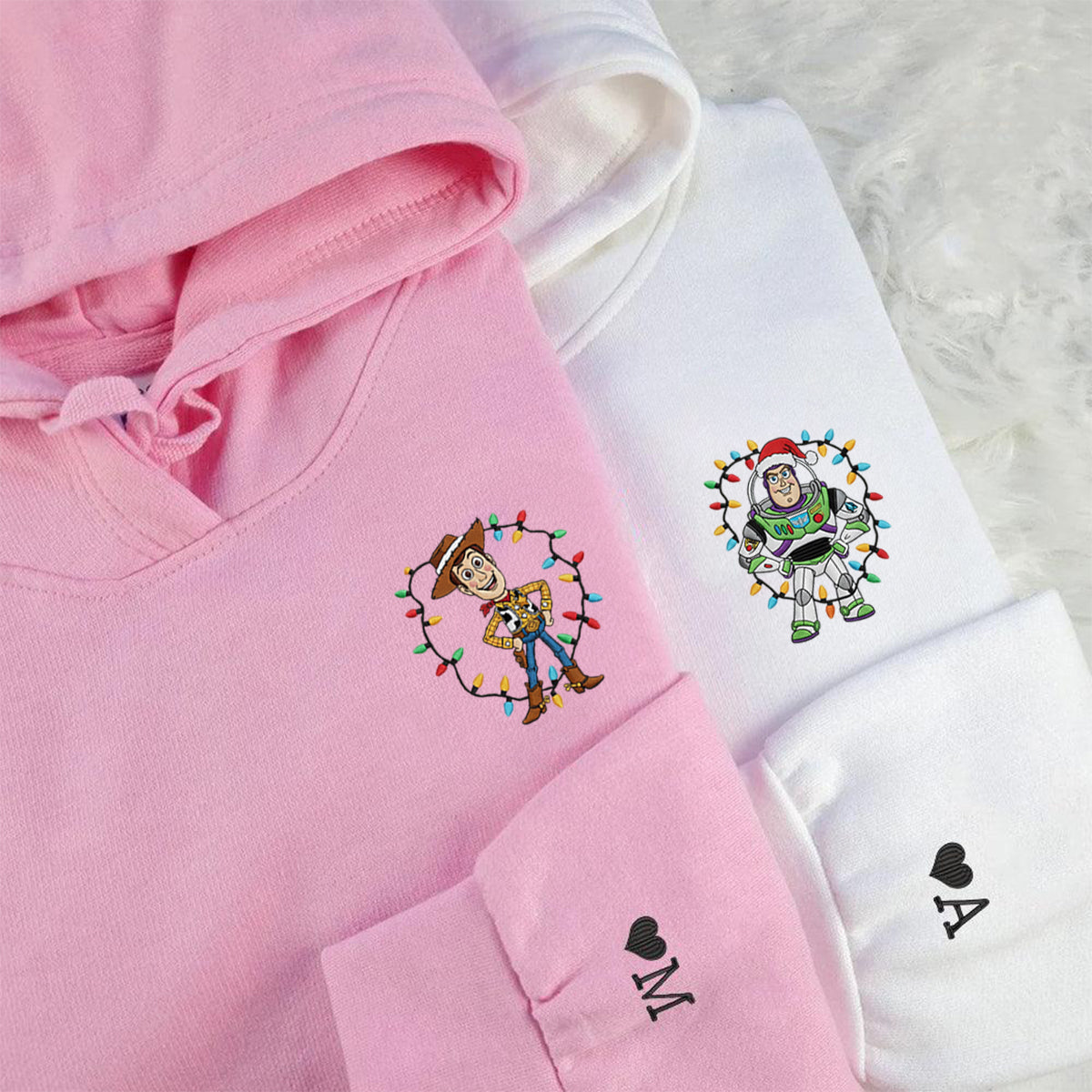 Custom Embroidered Cowboy Friend and Space Hero Cartoon Christmas Sweatshirt, Cozy Holiday Hoodie Matching for Couples