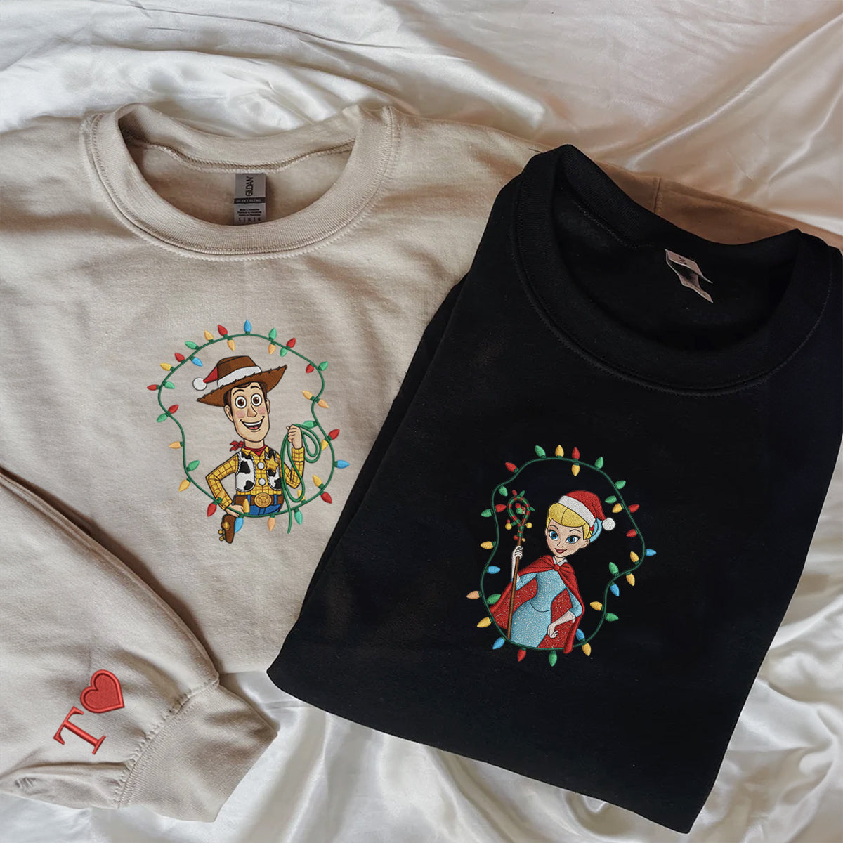 Custom Embroidered Cowboy and Shepherd Girl Cartoon Christmas Sweatshirt, Holiday Lights Hoodie Matching for Couples