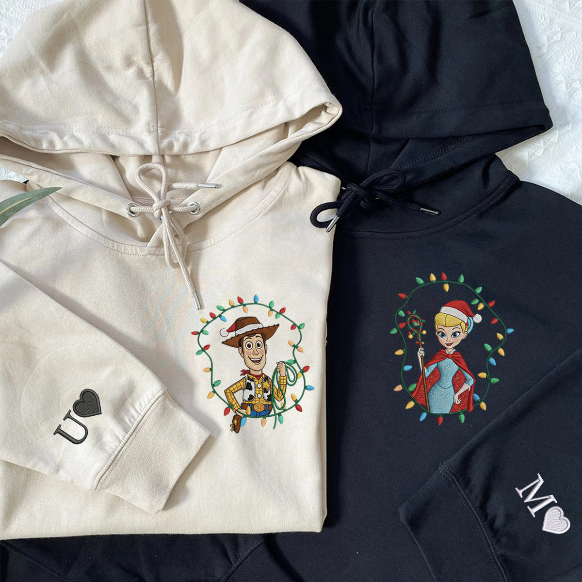 Custom Embroidered Cowboy and Shepherd Girl Cartoon Christmas Sweatshirt, Holiday Lights Hoodie Matching for Couples