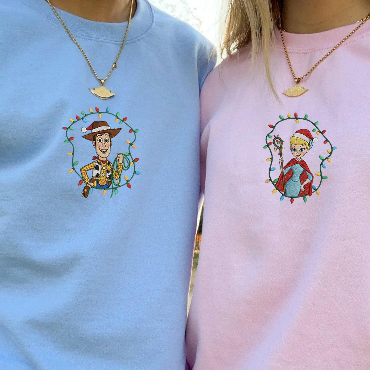 Custom Embroidered Cowboy and Shepherd Girl Cartoon Christmas Sweatshirt, Holiday Lights Hoodie Matching for Couples