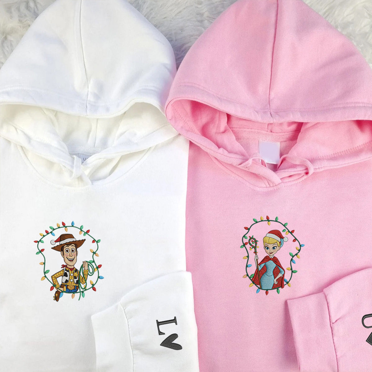 Custom Embroidered Cowboy and Shepherd Girl Cartoon Christmas Sweatshirt, Holiday Lights Hoodie Matching for Couples