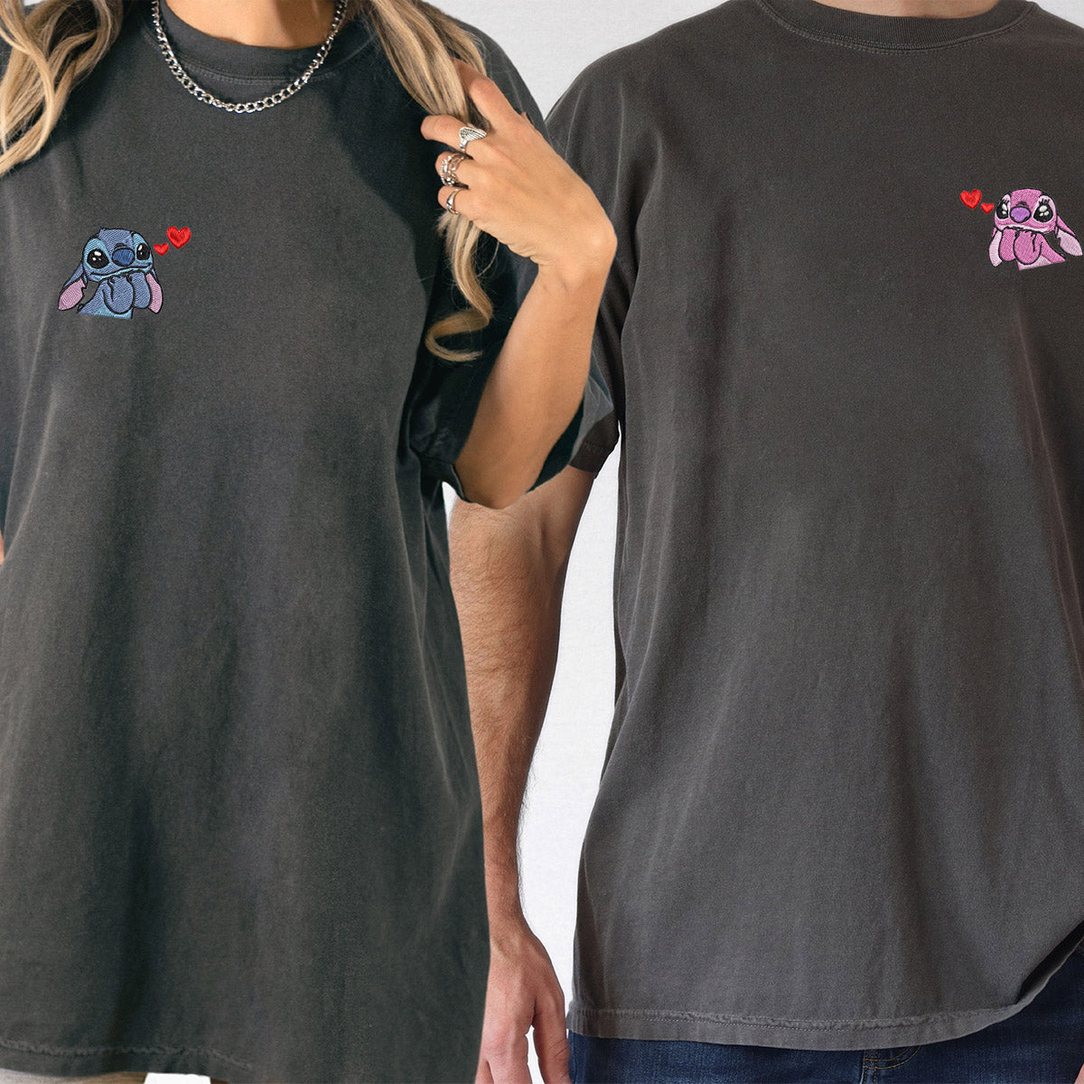 Custom Embroidered Cute Alien Couple Matching T-shirts for Couples