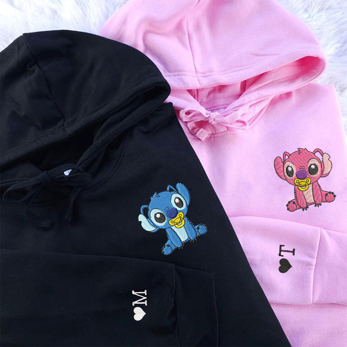 Custom Embroidered Cute Baby Cartoon Love Matching Hoodies for Couples