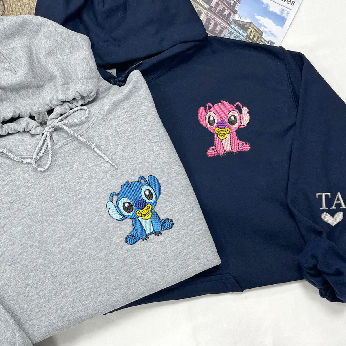 Custom Embroidered Cute Baby Cartoon Love Matching Hoodies for Couples