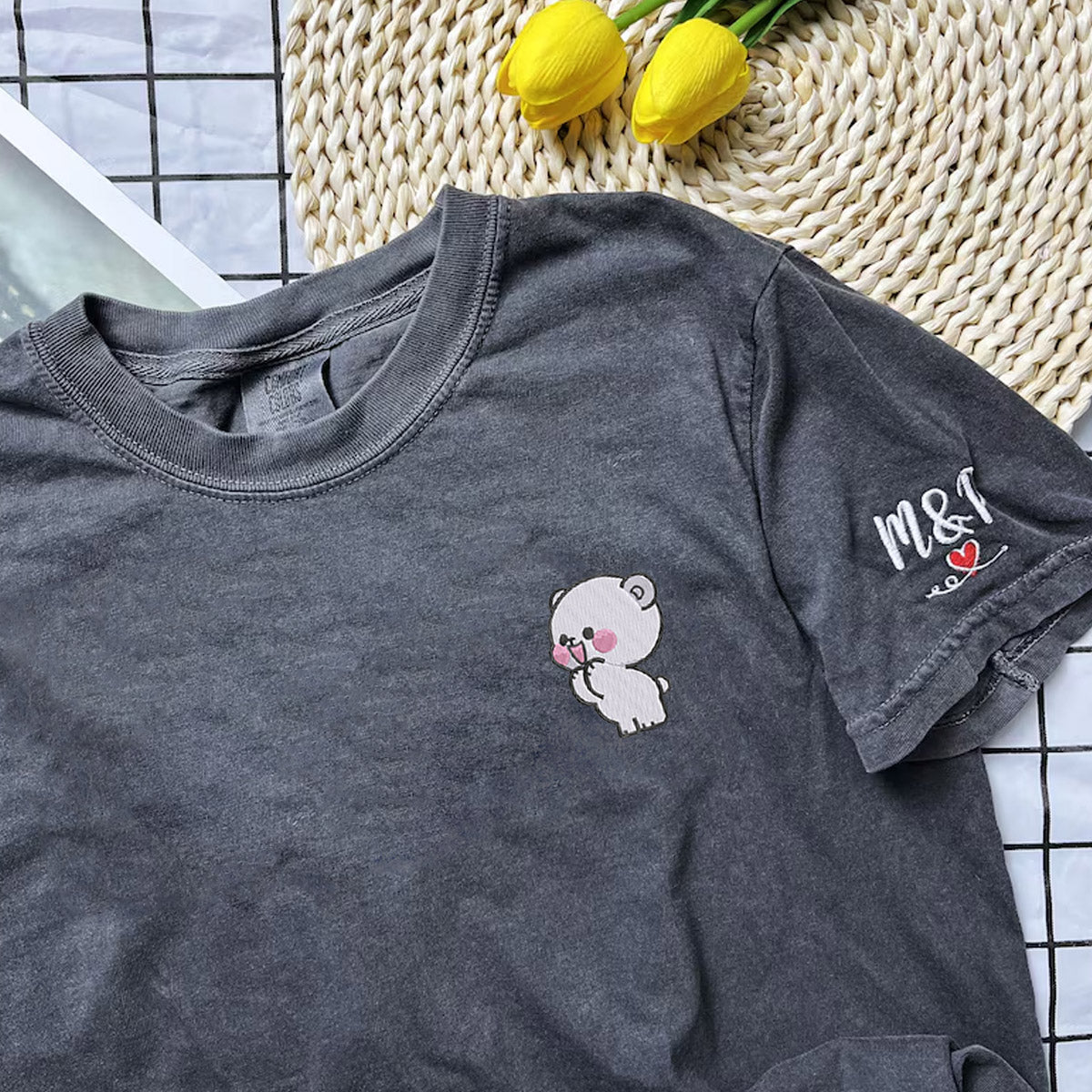 Custom Embroidered Cute Bear Couple Love Matching T-shirts for Couples