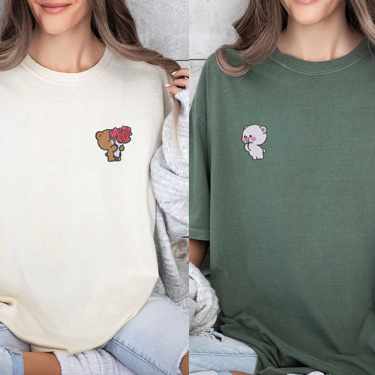 Custom Embroidered Cute Bear Couple Love Matching T-shirts for Couples