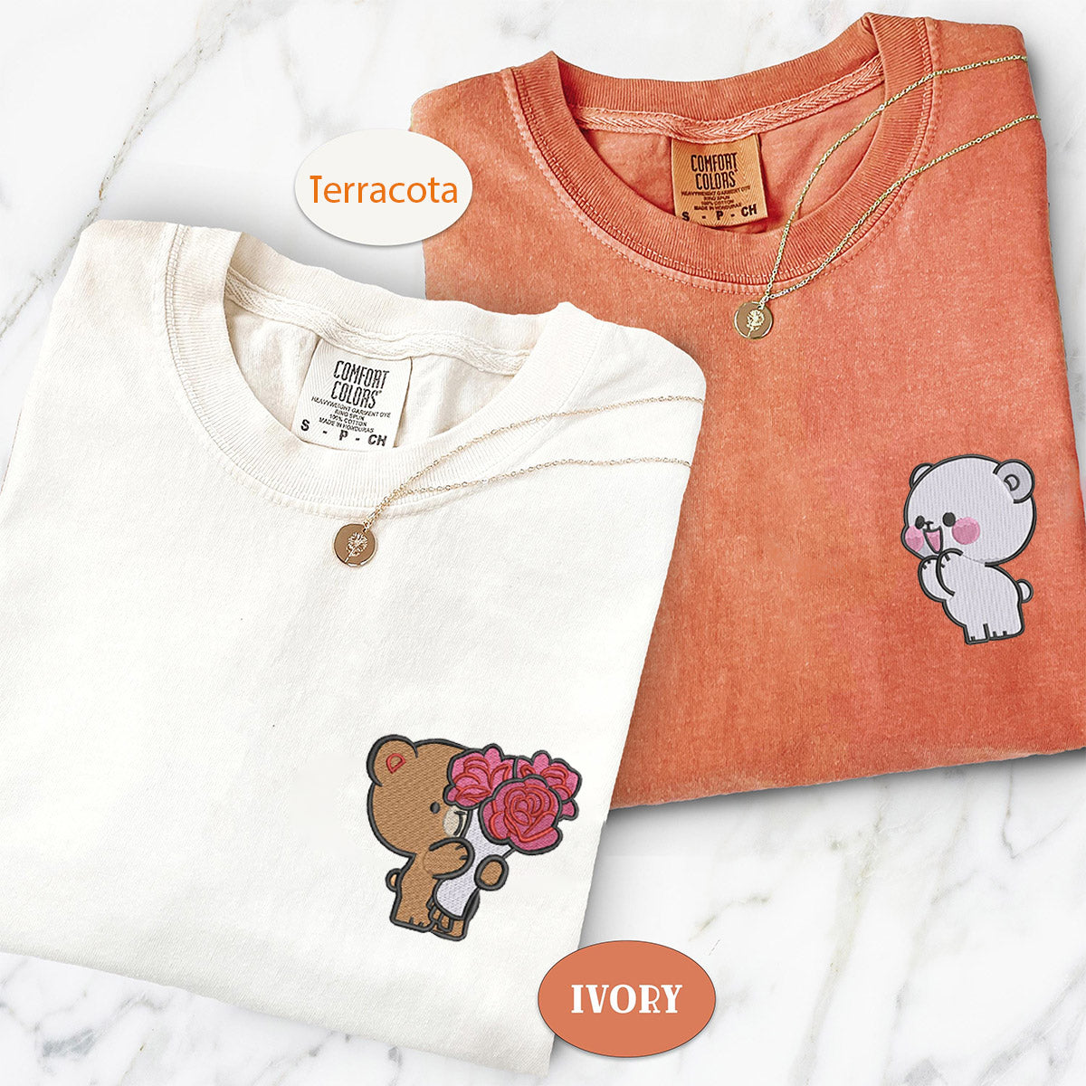 Custom Embroidered Cute Bear Couple Love Matching T-shirts for Couples