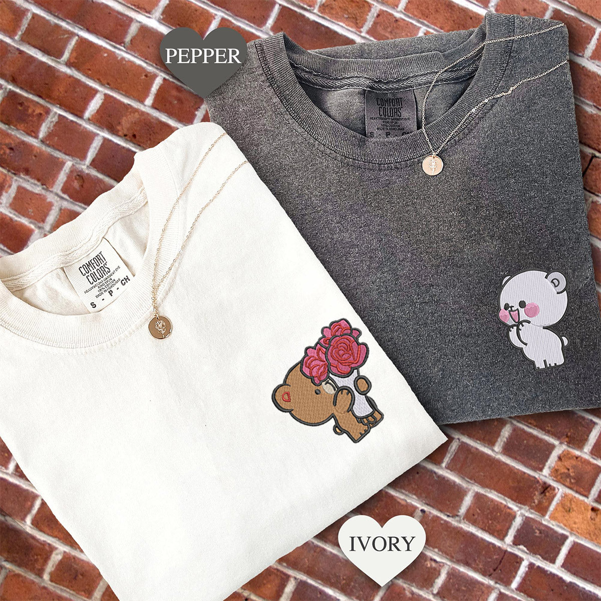 Custom Embroidered Cute Bear Couple Love Matching T-shirts for Couples