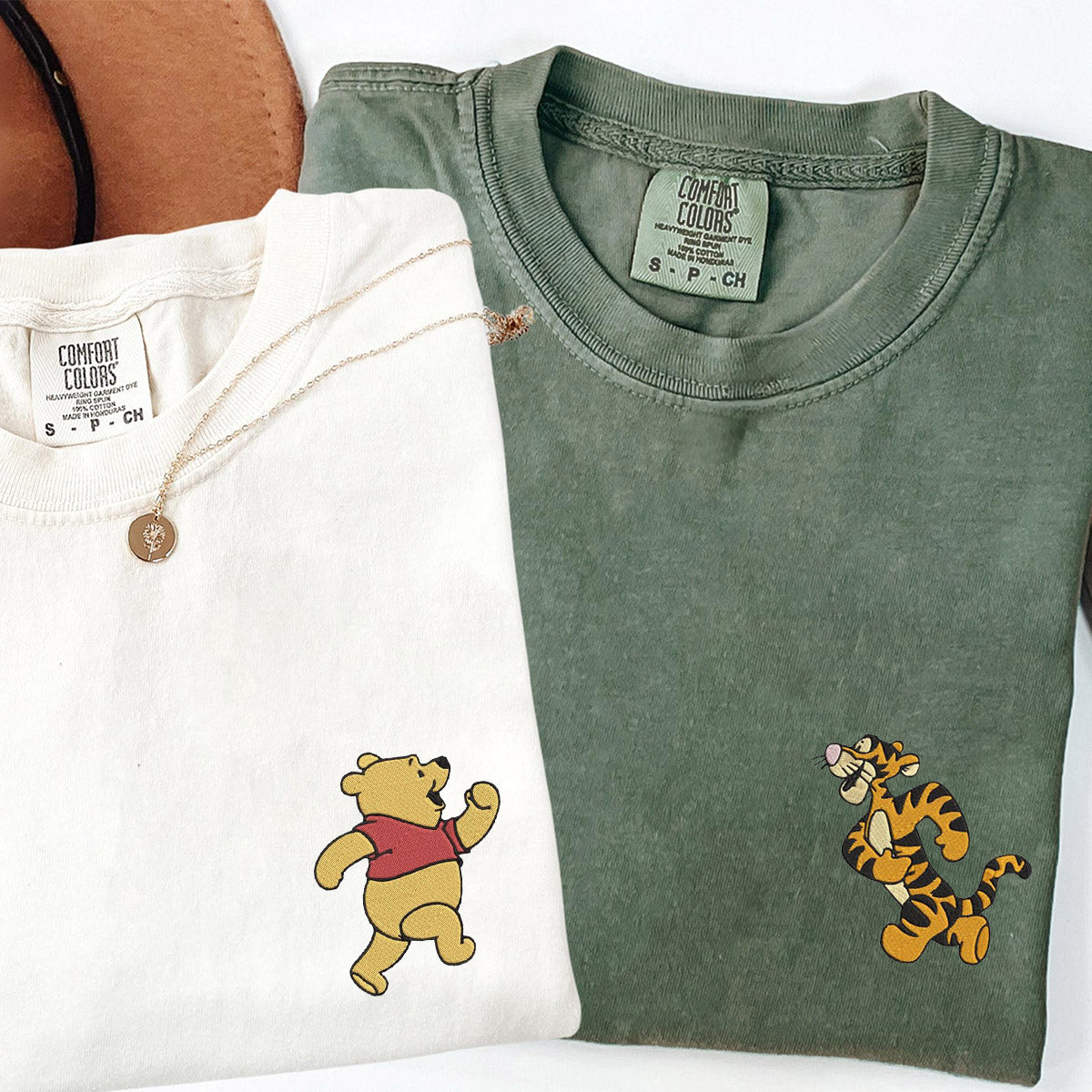 Custom Embroidered Cute Bear Tiger Matching T-shirts for Couples