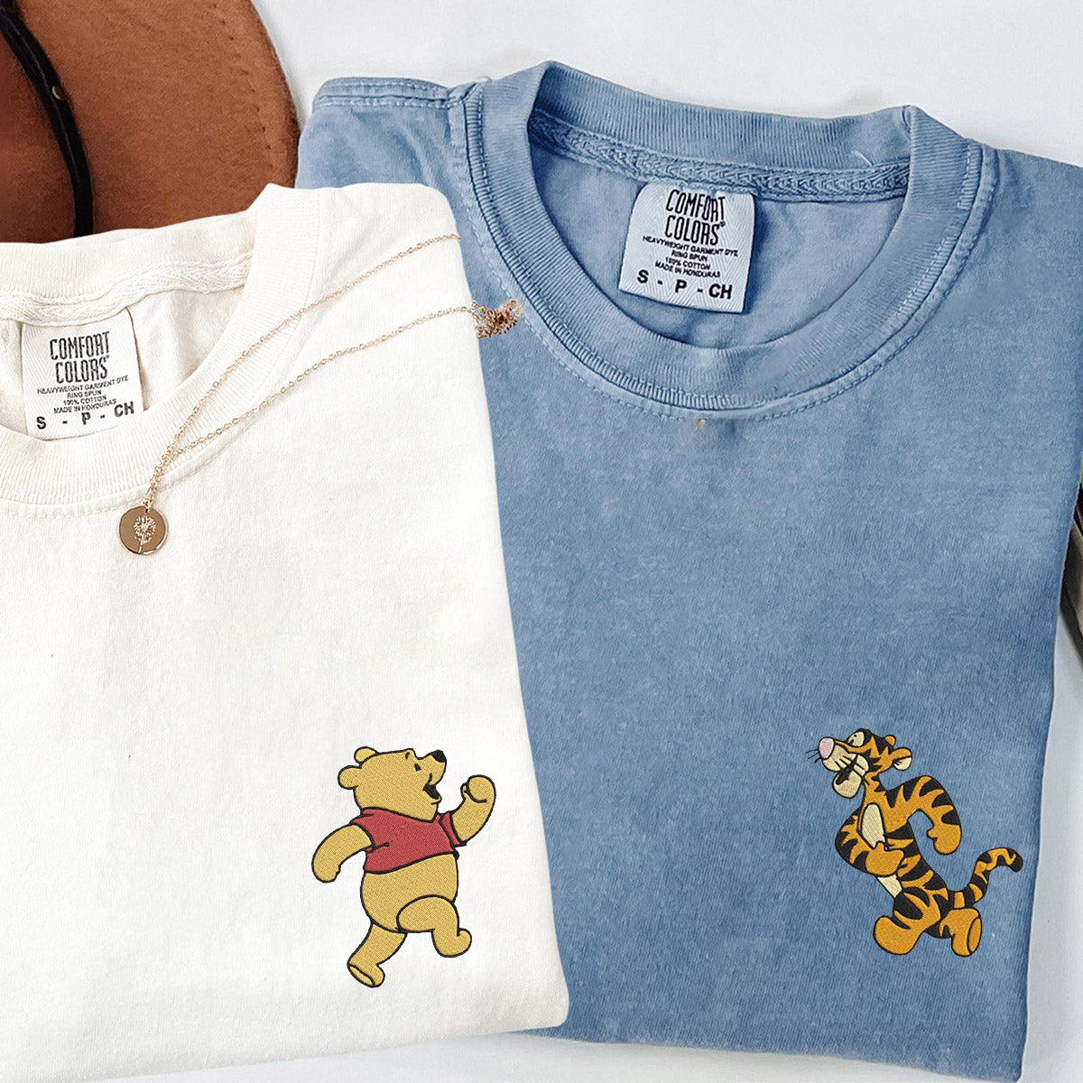 Custom Embroidered Cute Bear Tiger Matching T-shirts for Couples