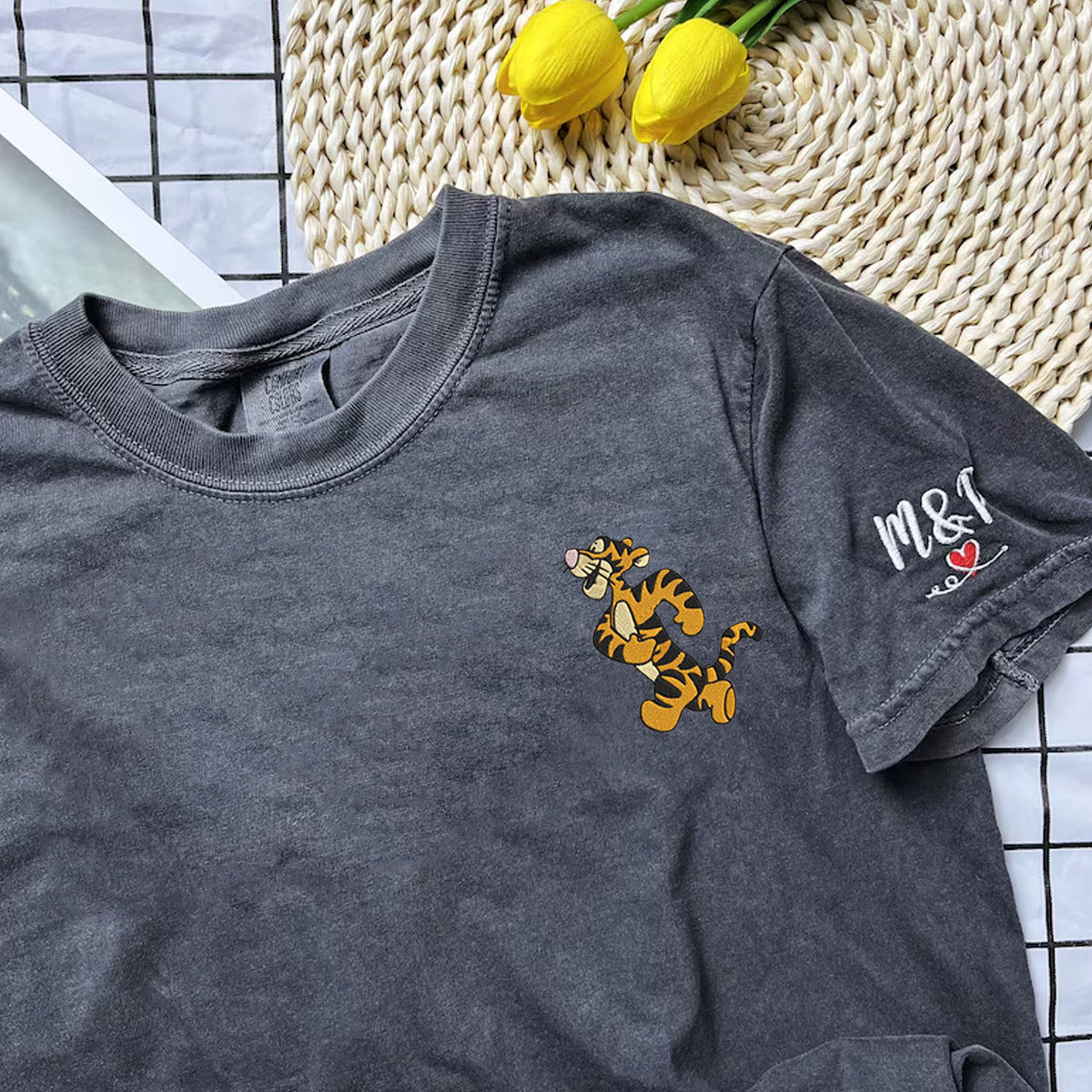 Custom Embroidered Cute Bear Tiger Matching T-shirts for Couples