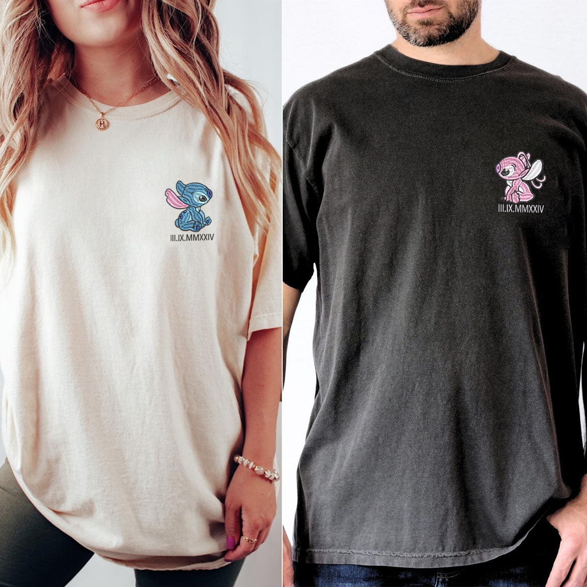 Custom Embroidered Cute Cartoon Alien Couple Roman Numeral T-shirts
