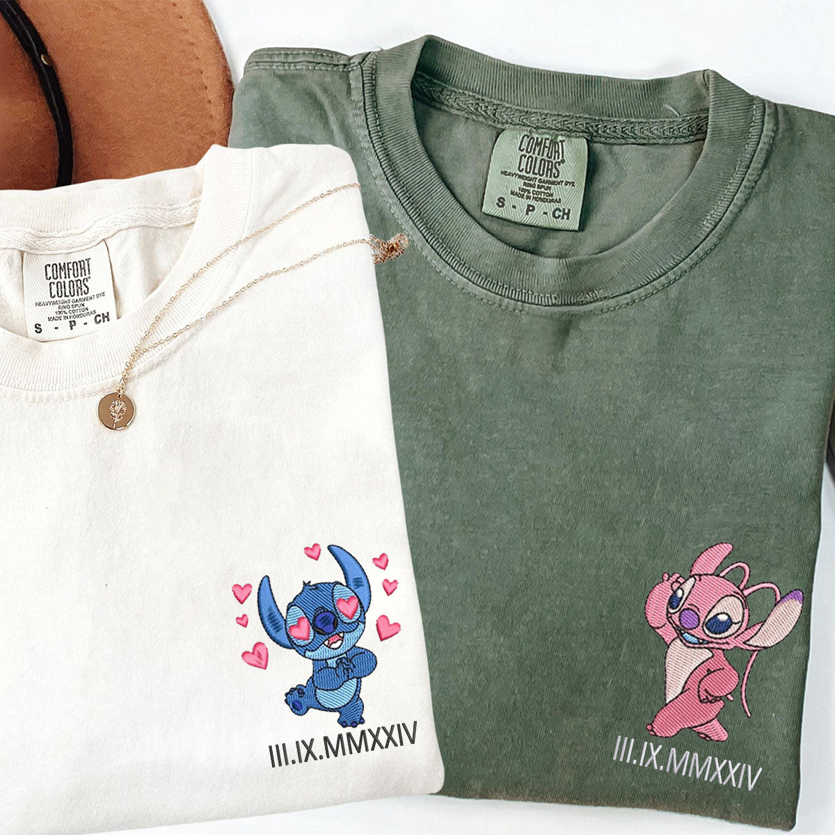 Custom Embroidered Cute Cartoon Alien Couple Roman Numeral T-shirts