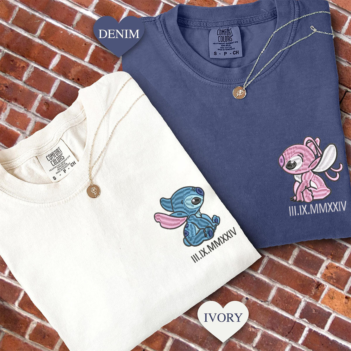 Custom Embroidered Cute Cartoon Alien Couple Roman Numeral T-shirts