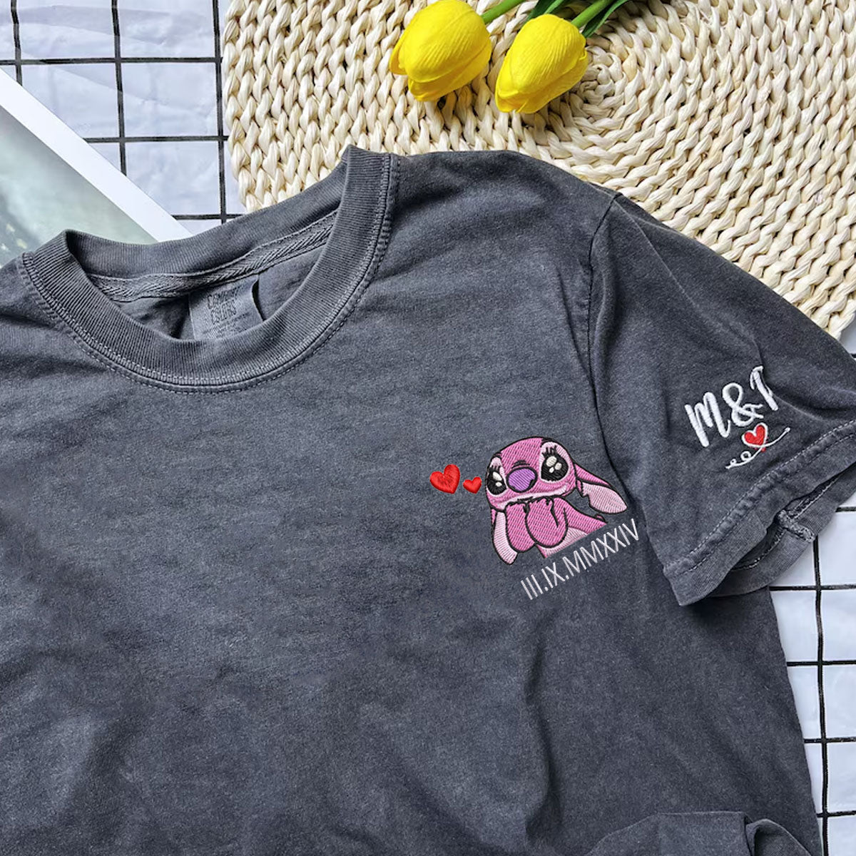 Custom Embroidered Cute Cartoon Alien Couple Roman Numeral T-shirts