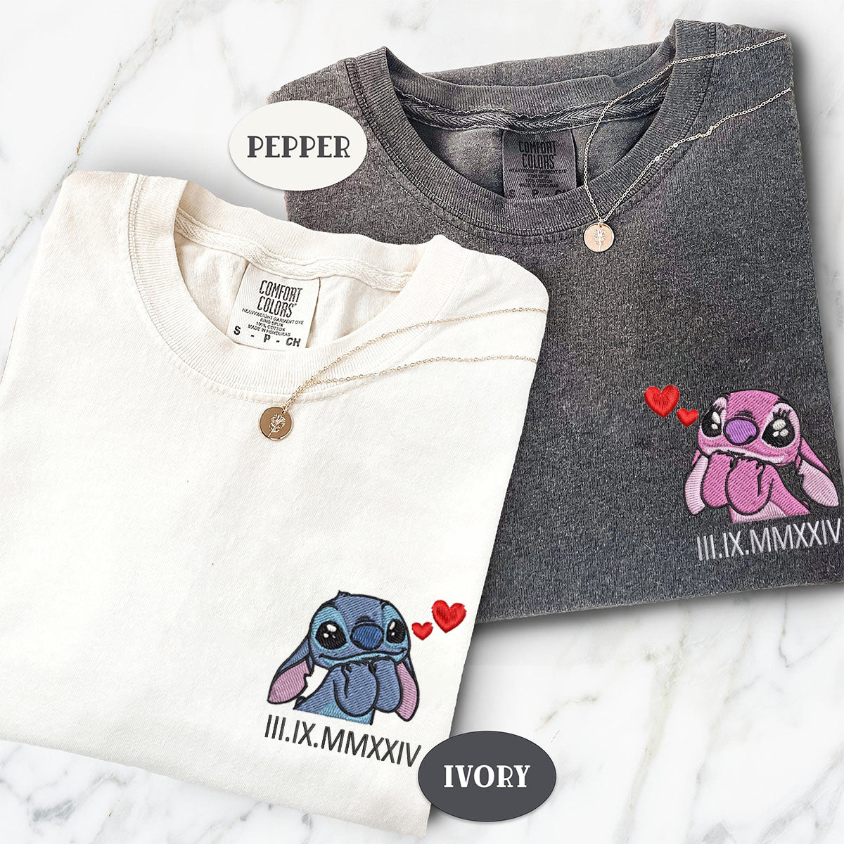 Custom Embroidered Cute Cartoon Alien Couple Roman Numeral T-shirts