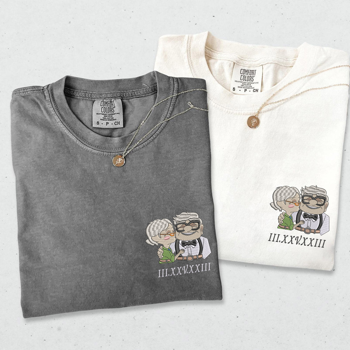 Custom Embroidered Cute Cartoon Character V1 Roman Numeral T-shirts for Couples