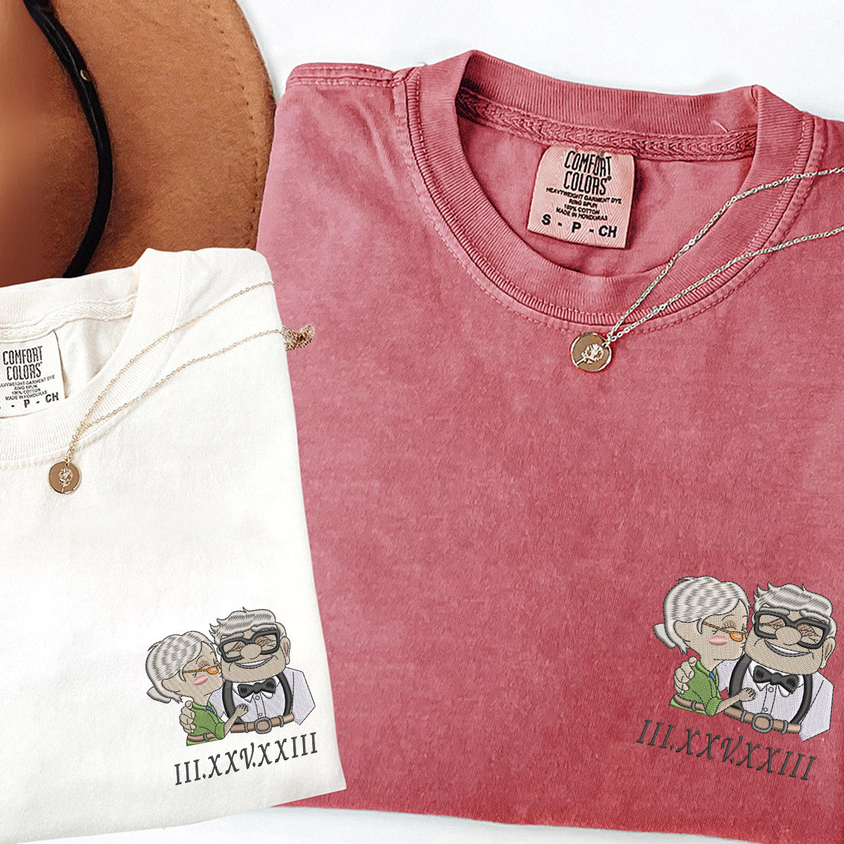 Custom Embroidered Cute Cartoon Character V1 Roman Numeral T-shirts for Couples