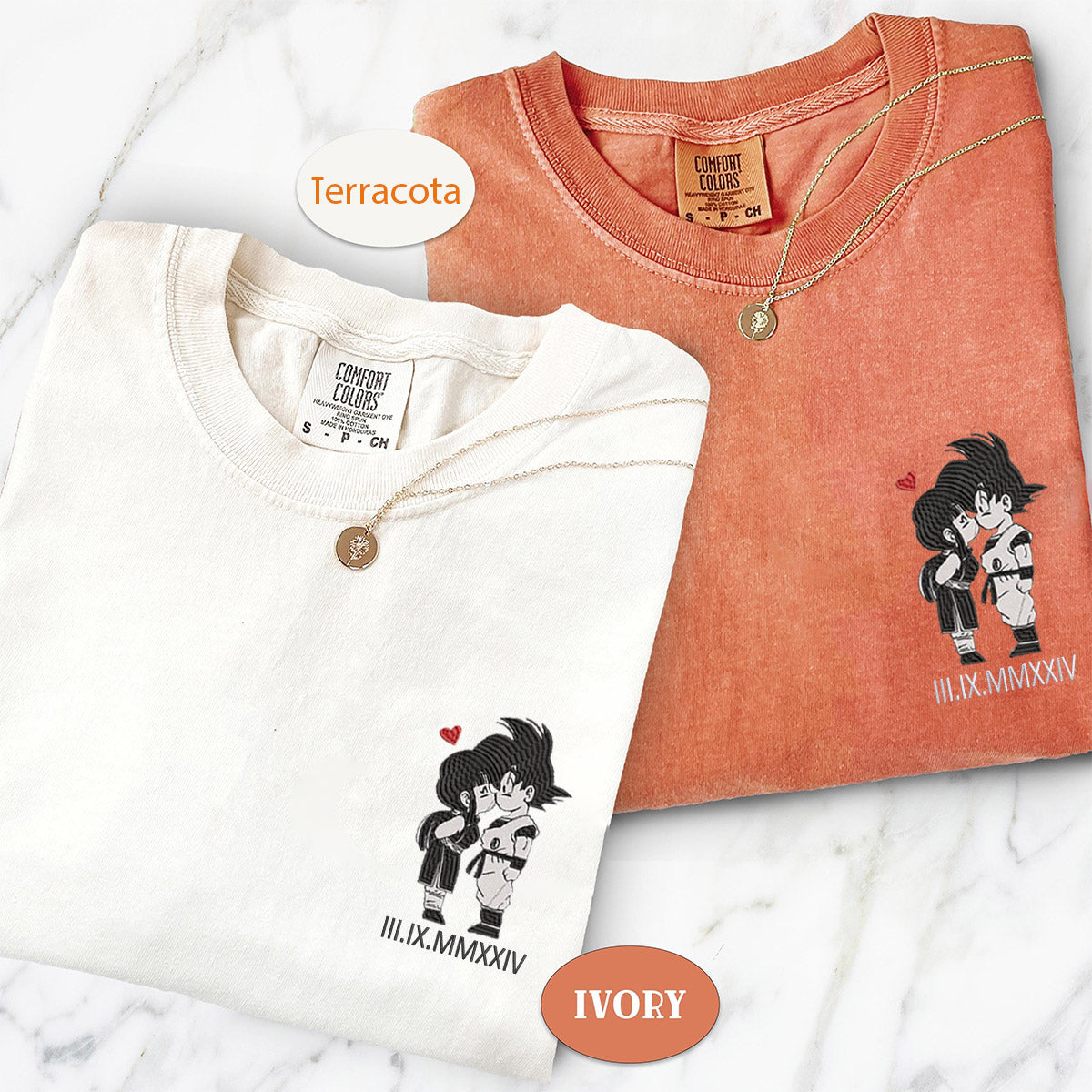 Custom Embroidered Cute Cartoon Couple Matching T-shirts with Special Date