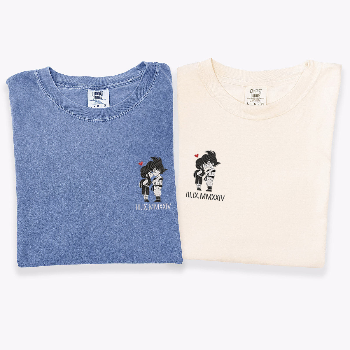 Custom Embroidered Cute Cartoon Couple Matching T-shirts with Special Date