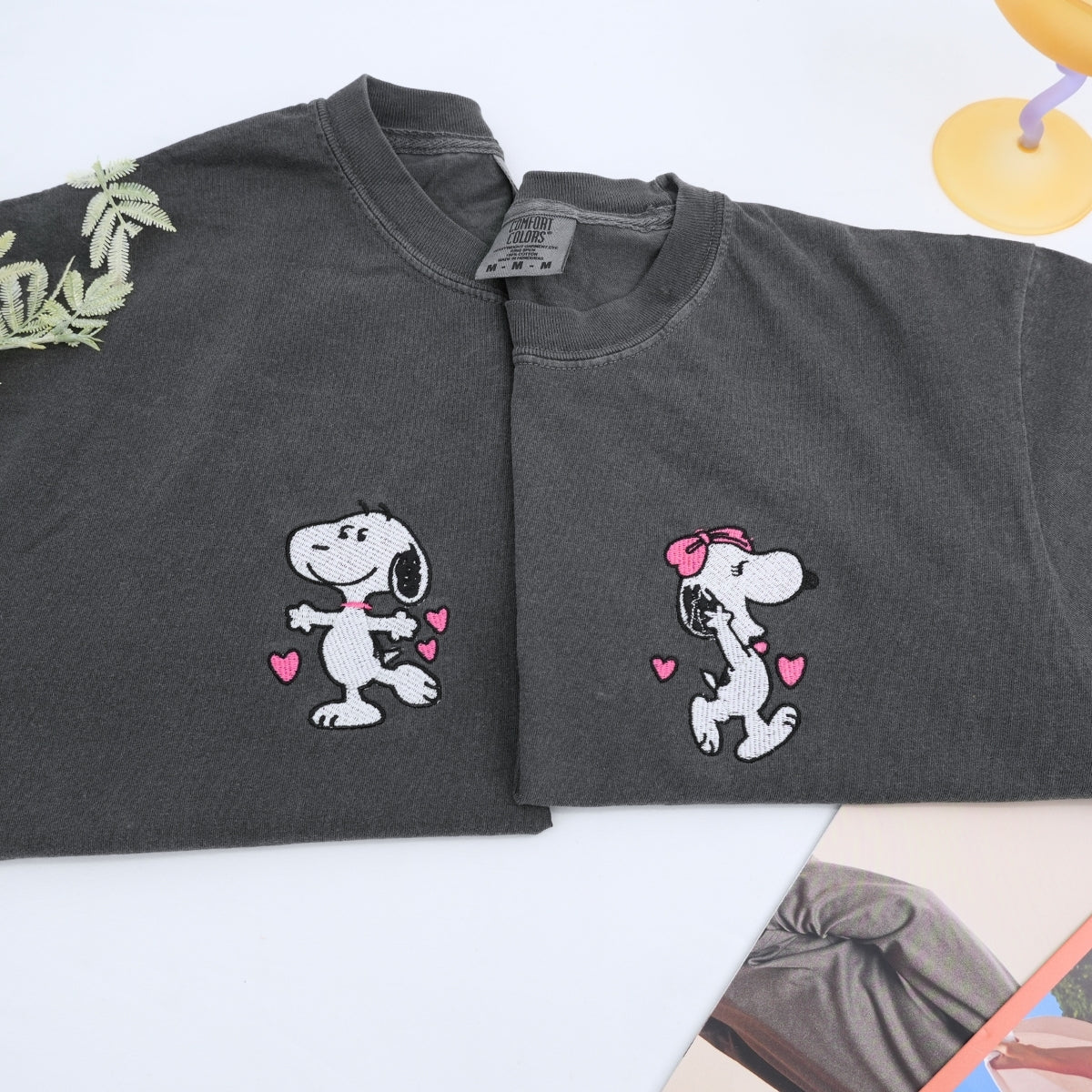 Custom Embroidered Cute Cartoon Dog Character Matching T-shirts for Couples