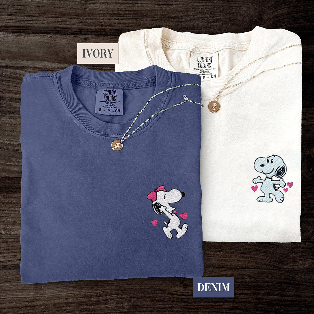 Custom Embroidered Cute Cartoon Dog Character Matching T-shirts for Couples