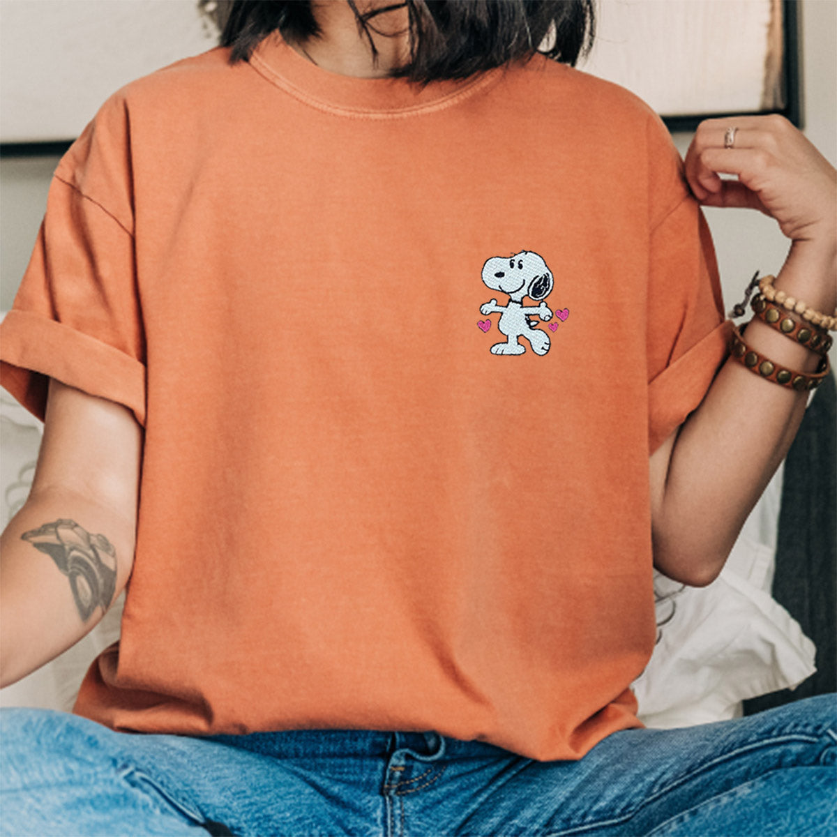 Custom Embroidered Cute Cartoon Dog Character Matching T-shirts for Couples