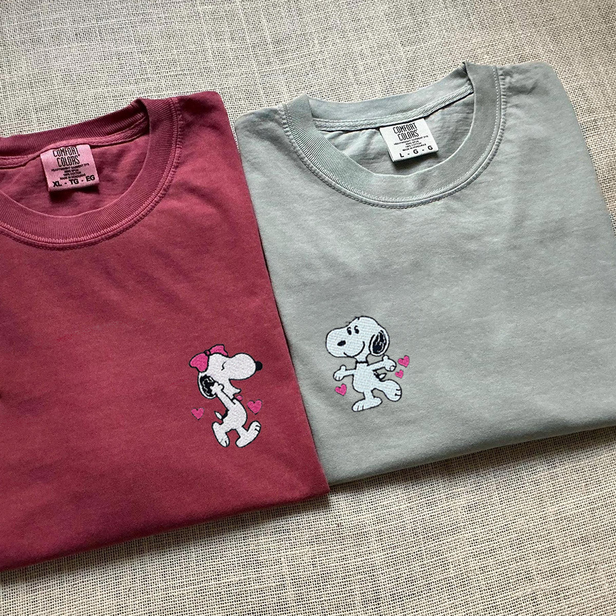Custom Embroidered Cute Cartoon Dog Character Matching T-shirts for Couples