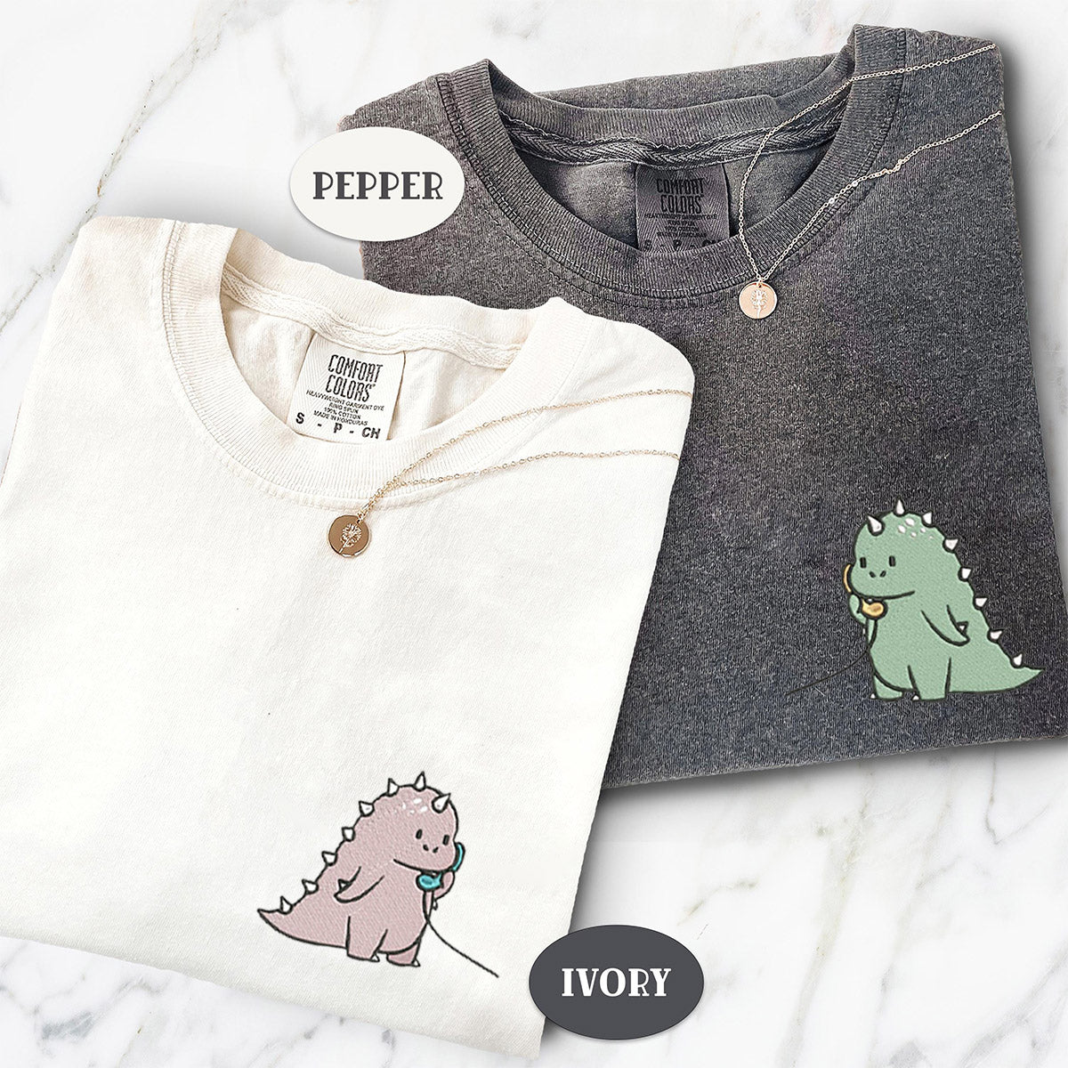 Custom Embroidered Cute Cartoon Funny Dinosaur Matching T-shirts for Couples