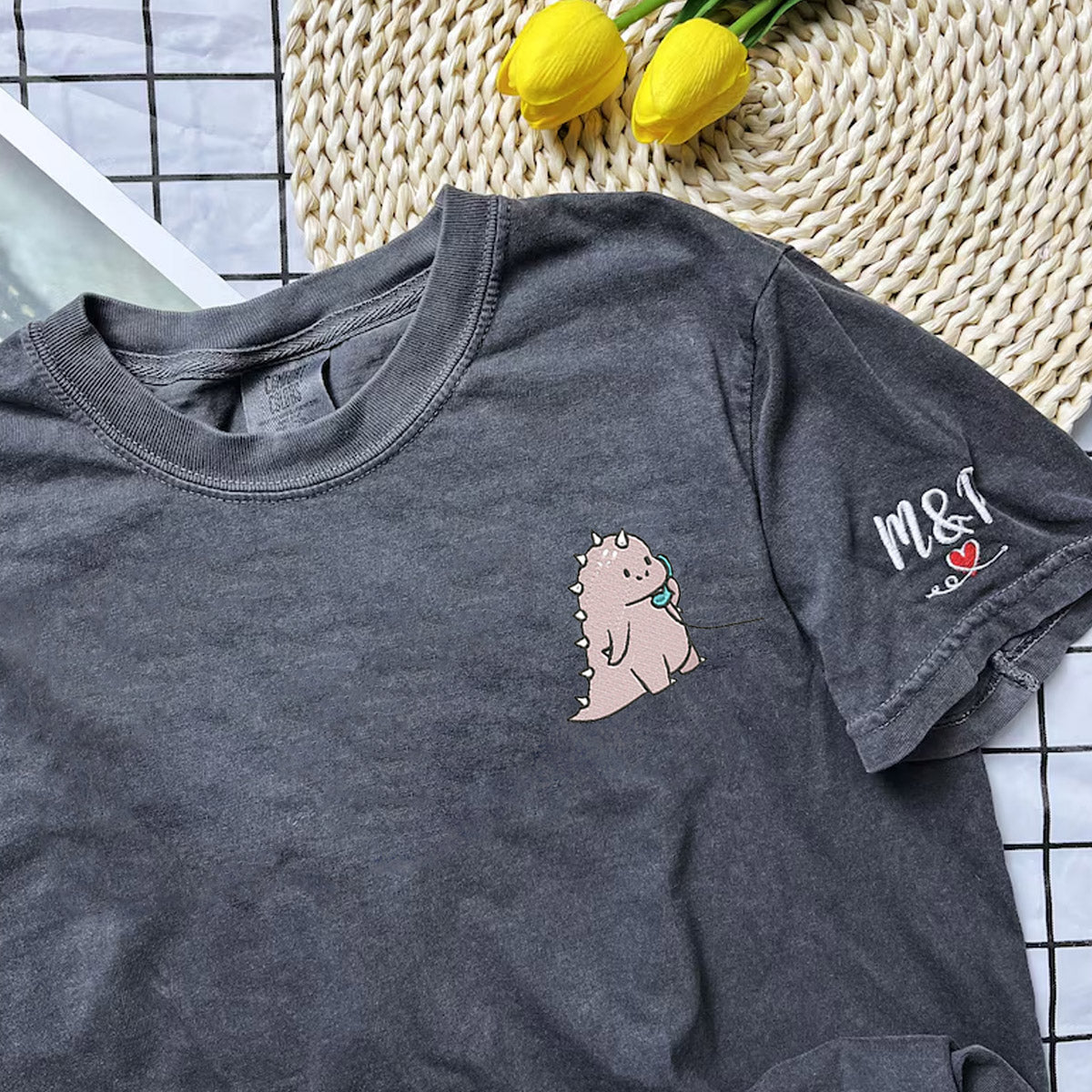 Custom Embroidered Cute Cartoon Funny Dinosaur Matching T-shirts for Couples