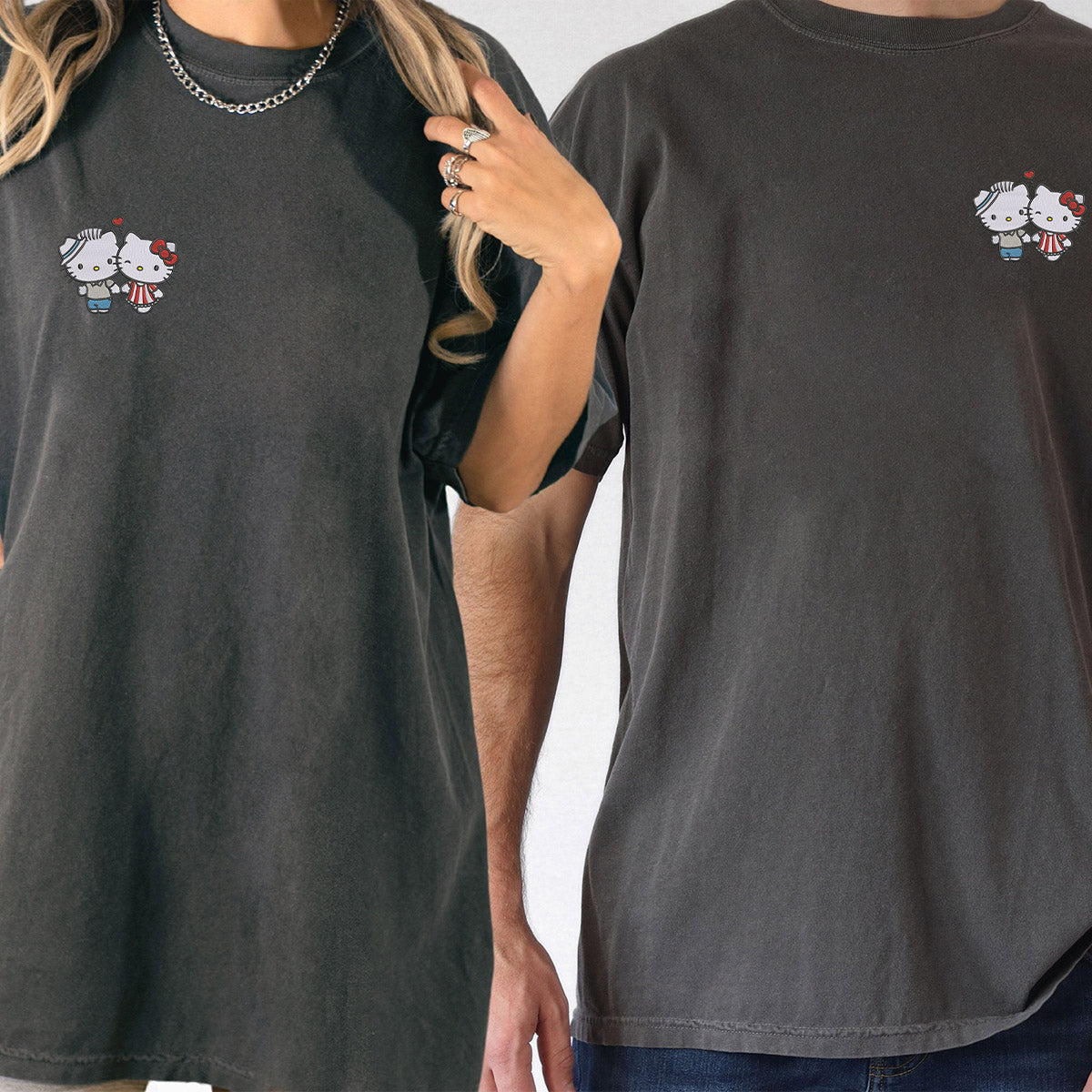 Custom Embroidered Cute Cartoon Kiss Kitten Matching T-shirts for Couples