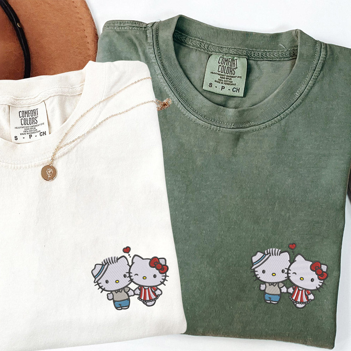 Custom Embroidered Cute Cartoon Kiss Kitten Matching T-shirts for Couples